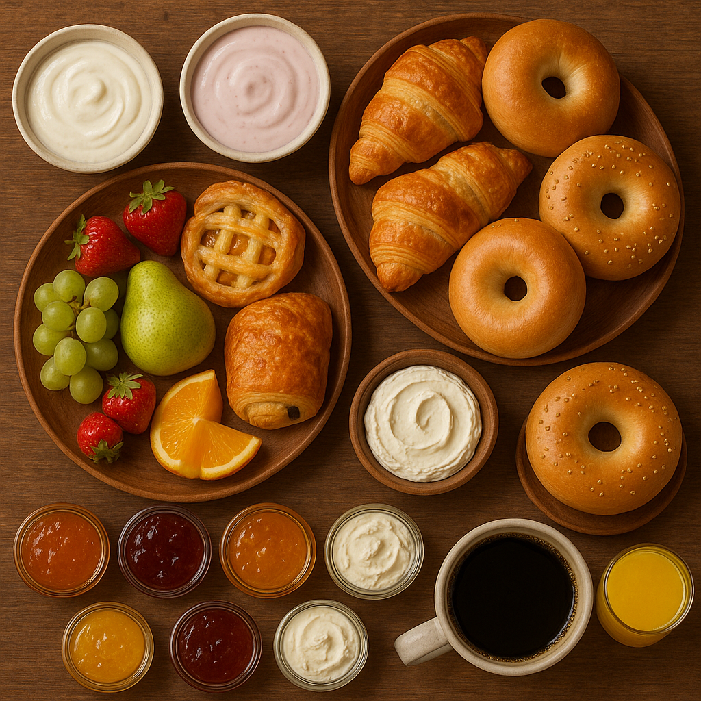 Continental Breakfast — Yogurts, pastries, fruits, bagels, jams, cream cheese spreads, coffee, and juices.