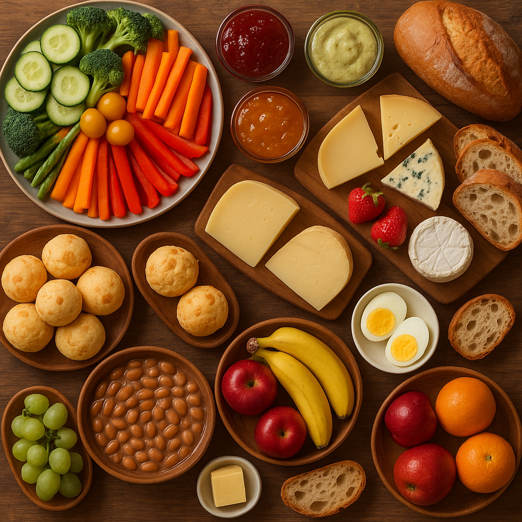 Middle East Breakfast - Fresh veggies and fruits, assortment of jams, dips, cheeses, breads, boiled eggs, cheese bread, and beans.