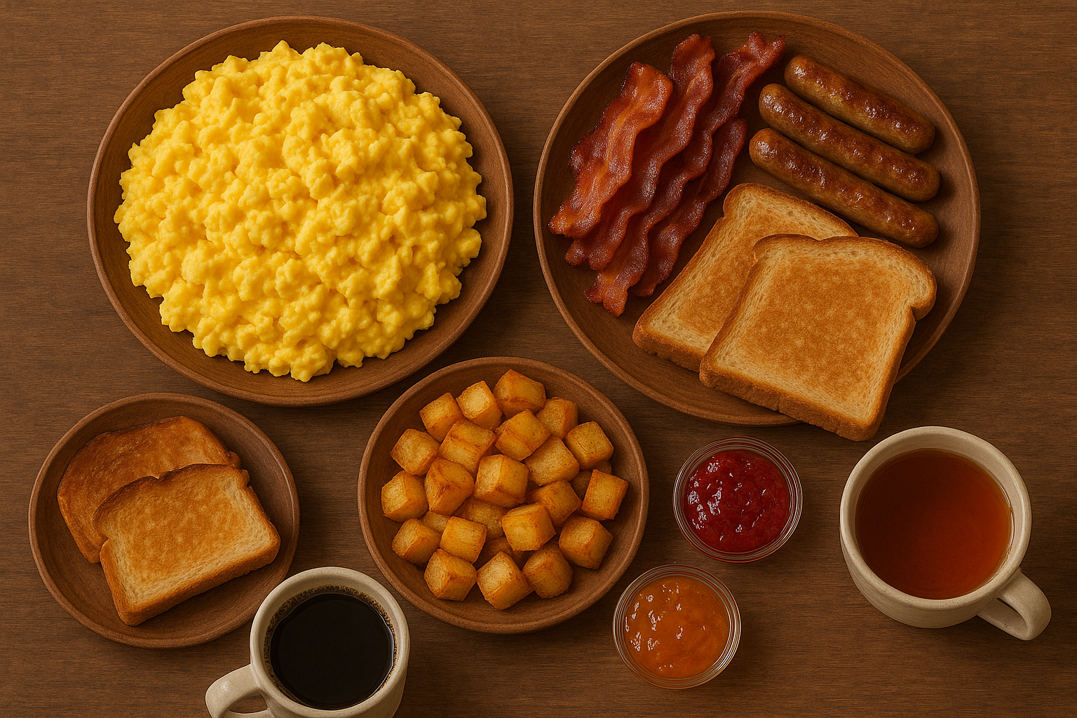 Breakfast Buffet — Scrambled eggs, bacon / sausage / ham, home fries, toast with preserves, coffee, and tea.